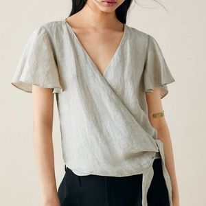 Zara Beige Flutter Sleeve Tie-front Wrap Top Neutral Coastal Grandma Women's S